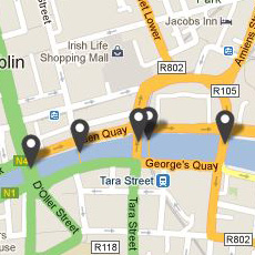 A map showing the various locations of bridges around Dublin